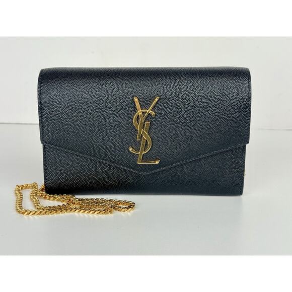 Saint Laurent Envelope Grained Black Leather Wallet on Chain Shoulder Bag - Picture 1 of 8